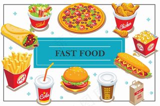 等距快餐，咖啡和可乐杯甜点披萨沙拉爆米花桶热狗汉堡炸薯条鸡腿