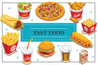 等距快餐，咖啡和可乐杯甜点披萨沙拉爆米花桶热狗汉堡炸薯条鸡腿