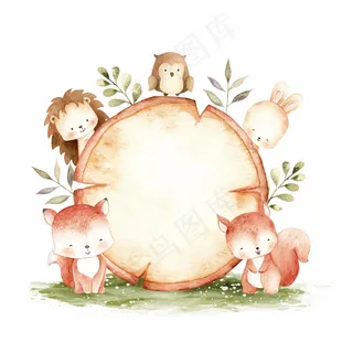可爱的林地动物，带木质标志模板水彩插图