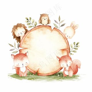 可爱的林地动物，带木质标志模板水彩插图