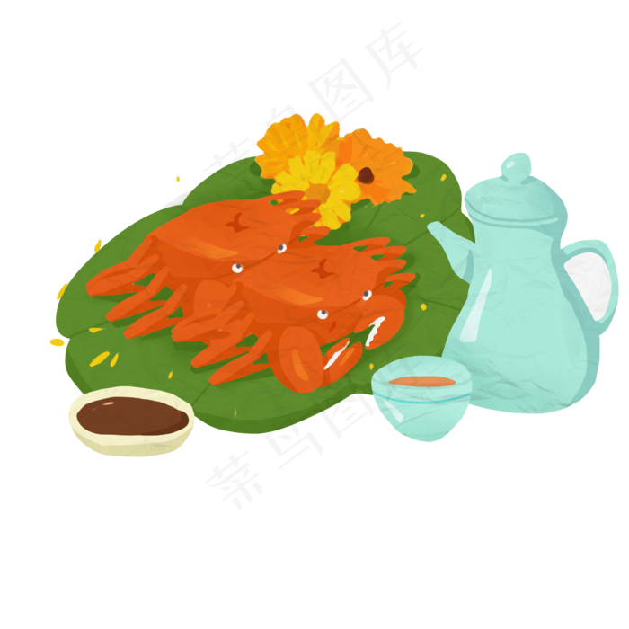 手绘大闸蟹赏菊赏蟹品茶PNG免(2000X2000(DPI:300))psd模版下载