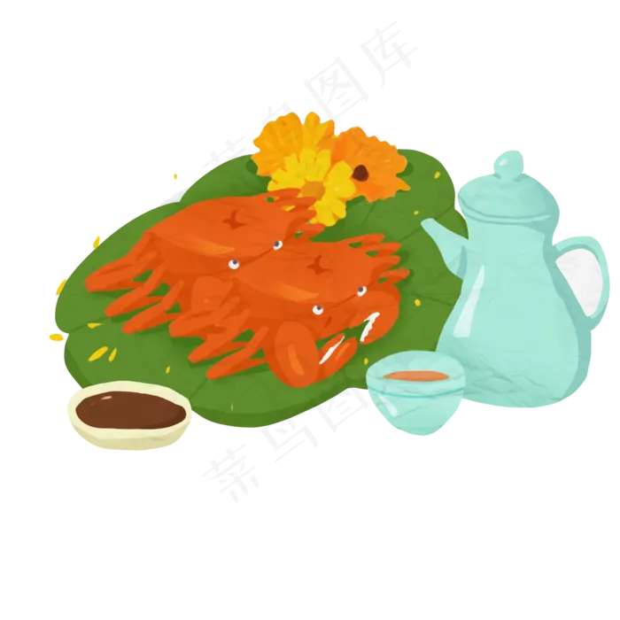 手绘大闸蟹赏菊赏蟹品茶PNG免(2000X2000(DPI:300))psd模版下载