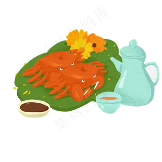 手绘大闸蟹赏菊赏蟹品茶PNG免