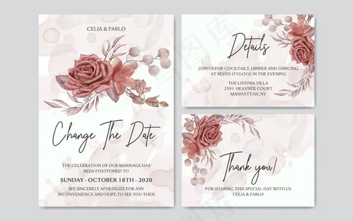 延期结婚卡水彩花卉