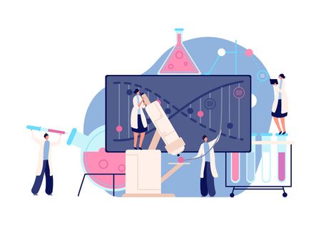 基因研究。配备实验室，遗传学实验室脱氧核糖核酸测试。科学医学，专业科学家医生矢量概念。插图研究 dna，实验室医学生物技术