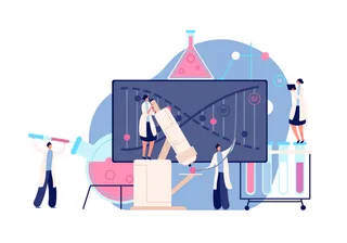 基因研究。配备实验室，遗传学实验室脱氧核糖核酸测试。科学医学，专业科学家医生矢量概念。插图研究 dna，实验室医学生物技术