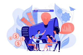 拥有笔记本电脑和灯泡的数字营销团队。白色背景下的营销团队指标、营销团队领导和职责概念。