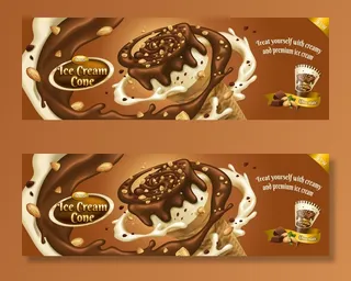 巧克力冰淇淋蛋筒广告，周围有酱汁和坚果