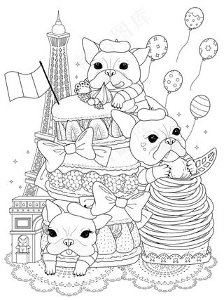 带法国糕点和建筑物的空斗牛犬，用于着色
