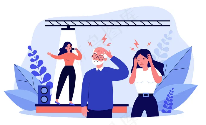 听不好的歌唱家和头痛的人。舞台、歌曲、噪音插图。横幅banner、网站或登录网页的性能和音乐概念eps,ai矢量模版下载
