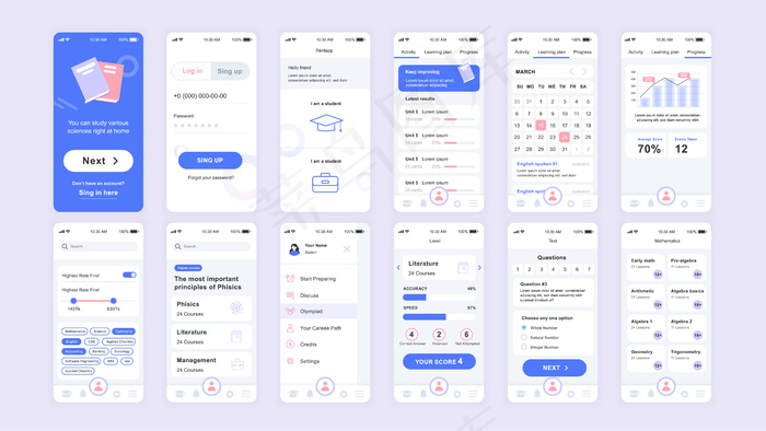 ui、ux、gui屏幕集教育应用程序app平面模板eps,ai矢量模版下载