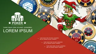 现实扑克明亮的概念与小丑扑克牌和五颜六色的赌场筹码