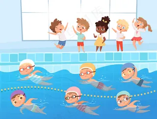 游泳比赛。儿童水上运动游泳池卡通比赛。