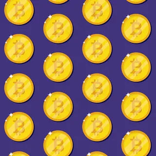 比特币互联网货币无缝模式。蓝色背景的金币。数字加密货币。插图