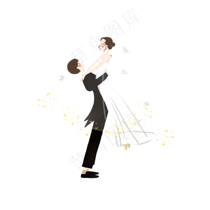 七夕情人节黑白色系情侣婚纱手绘