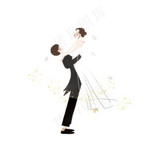 七夕情人节黑白色系情侣婚纱手绘