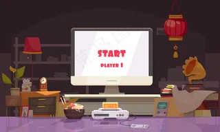 日本组成与家庭内部客厅面条和游戏机与播放屏幕