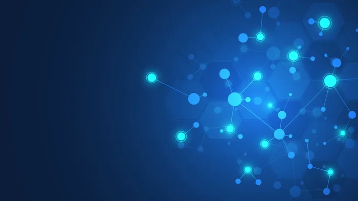深蓝色背景上的抽象分子。分子结构或dna链，神经网络，基因工程。科学技术观。eps,ai矢量模版下载