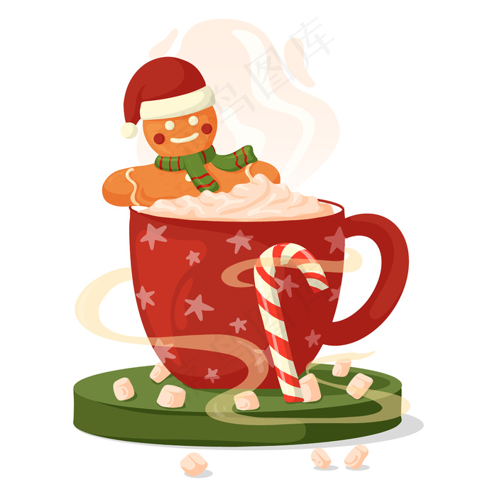 一杯加奶油、棉花糖和姜饼的红咖啡。