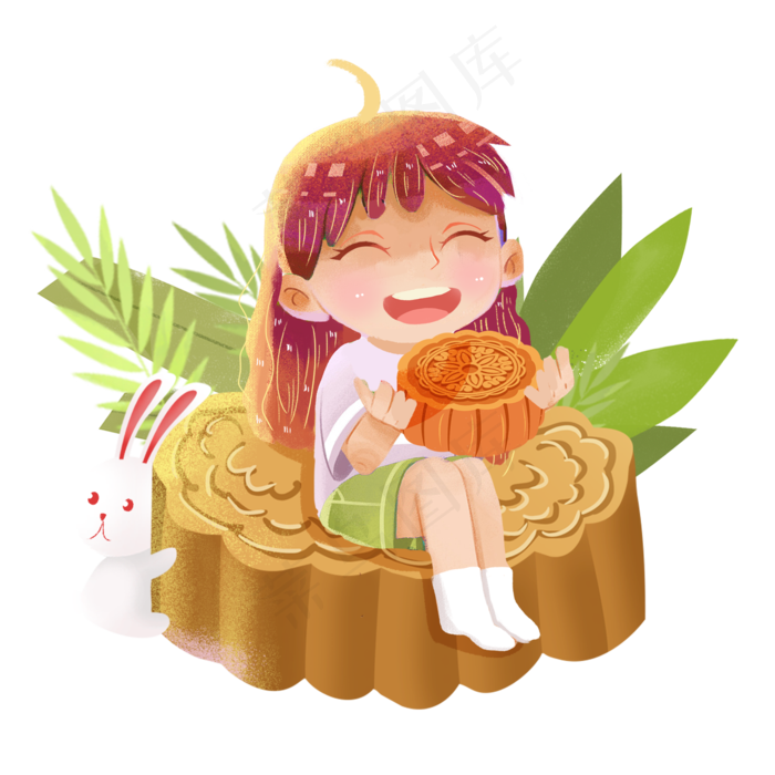 吃月饼中秋兔子女生png