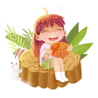 吃月饼中秋兔子女生png