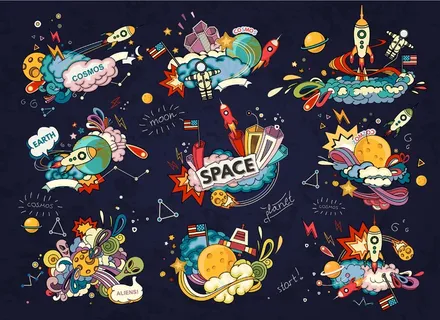 空间的卡通插图。月球，行星，火箭，地球，宇航员，彗星，宇宙。