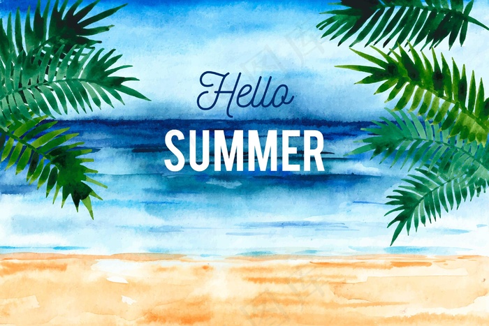 海滩和棕榈树的水彩画