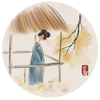 国画秋季水墨少女