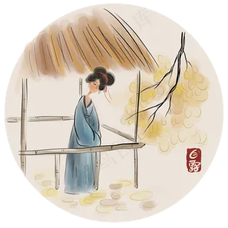 国画秋季水墨少女