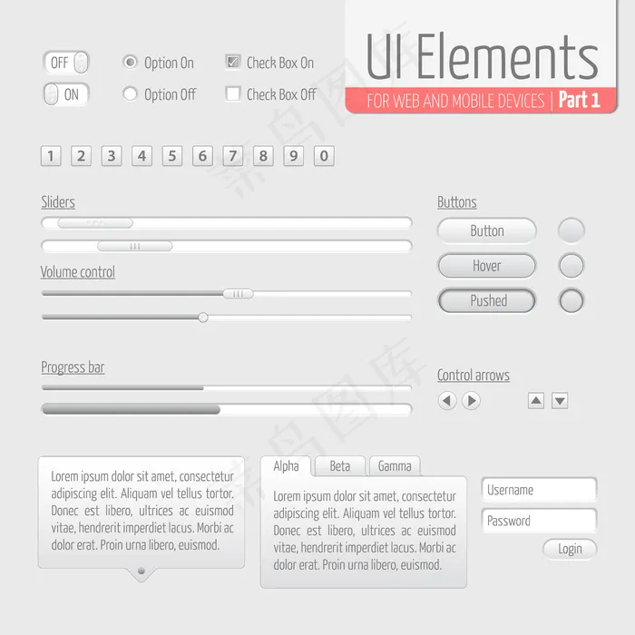 轻用户界面元素第1部分：滑块，进度条，按钮，授权表，音量控制等。eps,ai矢量模版下载
