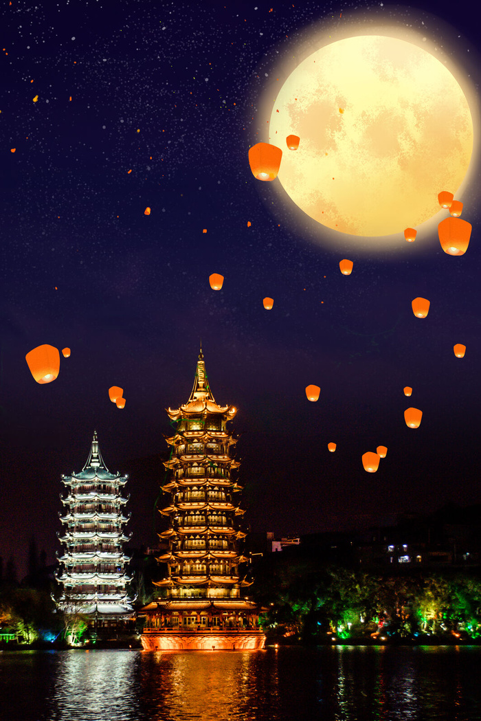 创意唯美天灯中秋背景合成