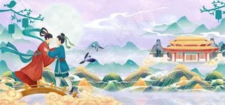 国潮古风七夕月下牛郎织女谈情