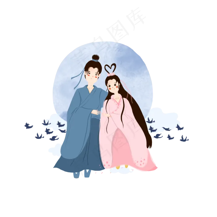 七夕情人节蓝色系牛郎织女月下鹊(3500X3500(DPI:500))psd模版下载