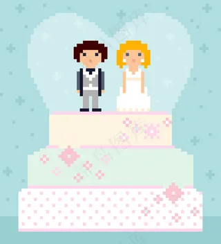 像素艺术婚礼蛋糕，上面有一对新人。可爱的角色，新娘和新郎。背景是心脏。8位插图。