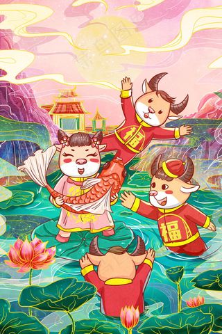 2021国潮风喜庆牛年抓锦鲤