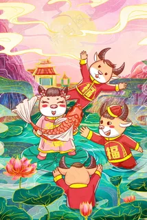 2021国潮风喜庆牛年抓锦鲤 2021国潮风喜庆牛年抓锦鲤