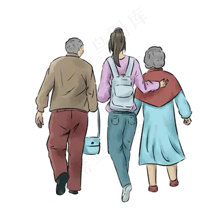 水墨重阳节一家三人