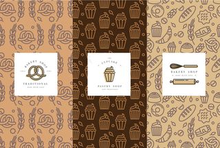 一套模板和元素的面包包装在时尚素描线性风格。