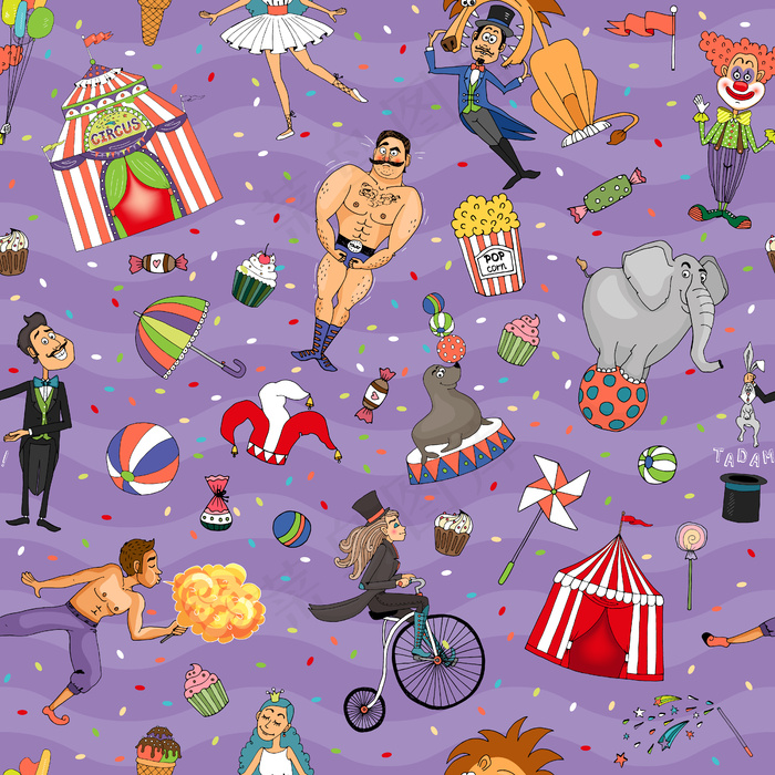 无缝彩色马戏团背景图案与随机动物