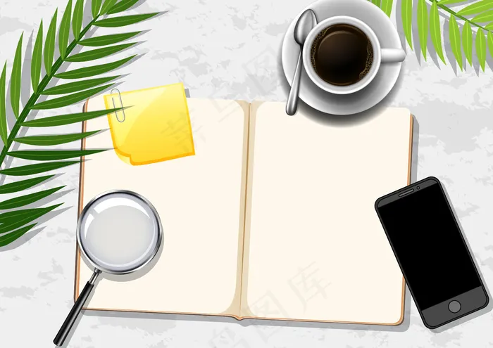 带绿叶办公元素的顶视图办公桌eps,ai矢量模版下载