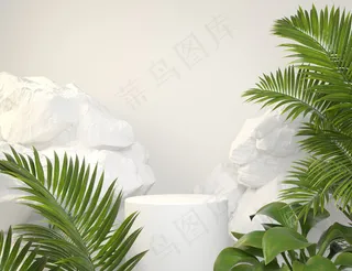 模型样机白色讲台与绿色热带植物和岩石背景三维渲染