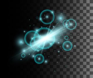 透明背景网站页面和手机app移动应用程序上带有粒子装饰的霓虹绿松石(bokeh)散景效果发光照明插图