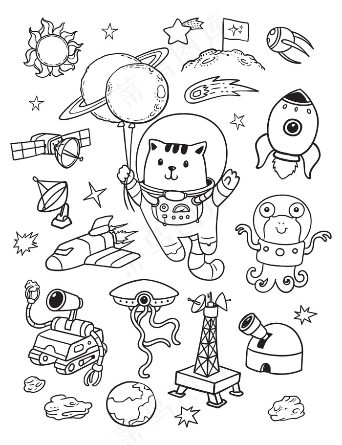 太空涂鸦中的宇航员猫eps,ai矢量模版下载