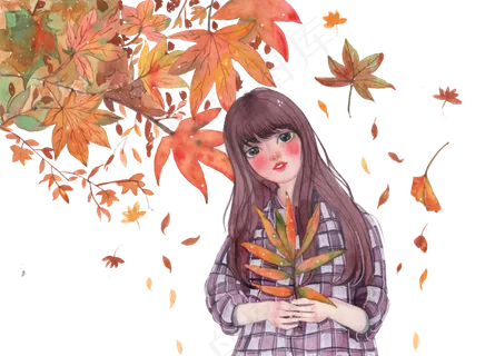 秋分手绘水彩女孩秋季枫叶 秋分手绘水彩女孩秋季枫叶