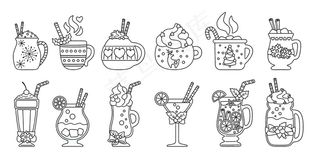 圣诞热饮系列套装。黑色线性平面卡通不同的饮料。假日可爱马克杯热可可，咖啡，牛奶和葡萄酒。新年饮料装饰冬青，糖果。插图