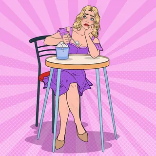 波普艺术独自哭泣吃冰淇淋的女人。心烦意乱的单身女孩在咖啡馆里无聊。