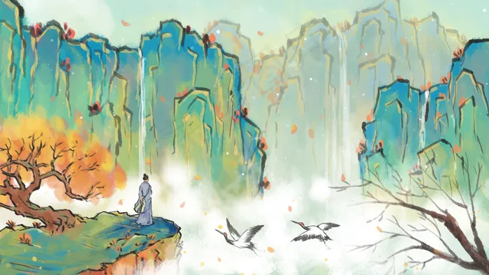 重阳主题之重阳登高水墨画风(2880*1620px 300 dpi )psd模版下载