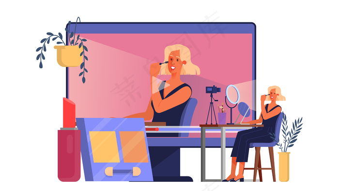 视频博客的概念。社交网络中的网络名人。流行的女博主在化妆。插图