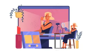 视频博客的概念。社交网络中的网络名人。流行的女博主在化妆。插图