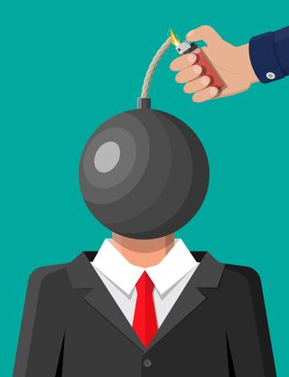 强调与炸弹头的商人。过度劳累精疲力竭的人与燃烧的大脑。被工作烧死的人。情绪压力。燃烧的头的西装的男人。平面样式的矢量图